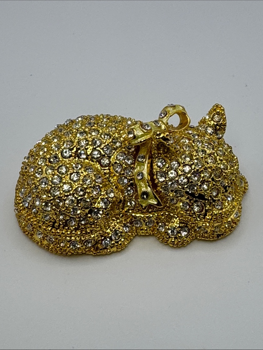 Gold Rhinestone Sleeping Cat Trinket Box Jewel Enamelled Vanity Decor